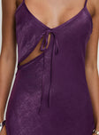 back view of model wearing Princess Polly Linger Bias Cut Maxi Dress Purple V-Neck 