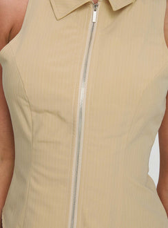 back view of model wearing Princess Polly Bedford Top Beige Sleeveless High Neck 