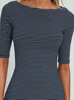 Evyna Boat Neck 3/4 Sleeve Mini Dress Navy Stripe