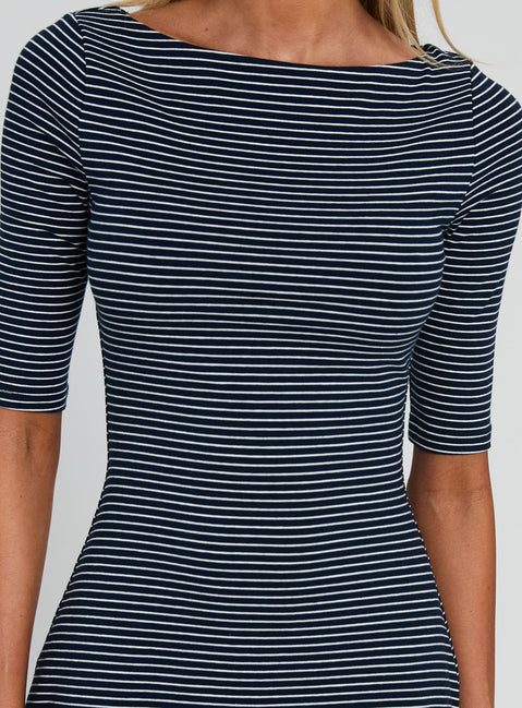 Evyna Boat Neck 3/4 Sleeve Mini Dress Navy Stripe