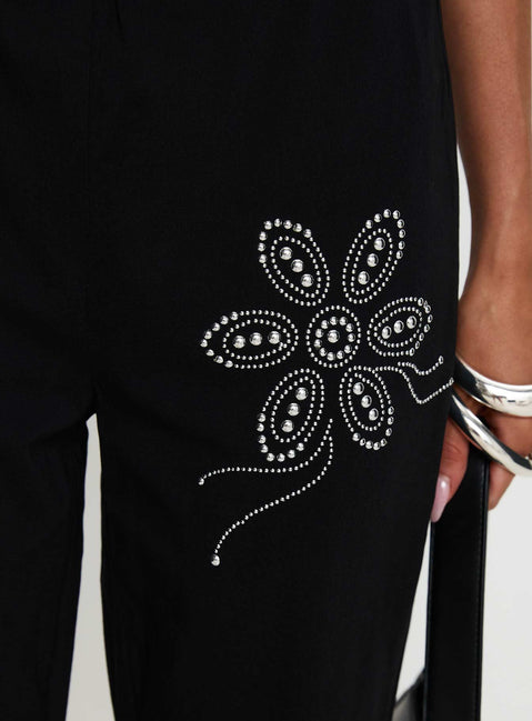 back view of model wearing Princess Polly Quotation Diamante Flare Pants Black Low Rise Pants 