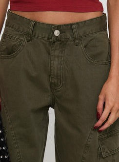 back view of model wearing Princess Polly Ahstin Cargo Jeans Green Petite Mid Rise 