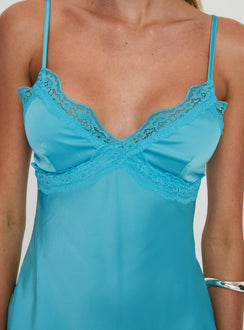 back view of model wearing Princess Polly Know Your Worth Mini Dress Blue Sweetheart Neckline 