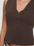 back view of model wearing Princess Polly Vega Top Brown Sleeveless V-Neck 