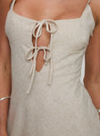 front view of model wearing Princess Polly Seraphia Maxi Dress Beige Sweetheart Neckline 