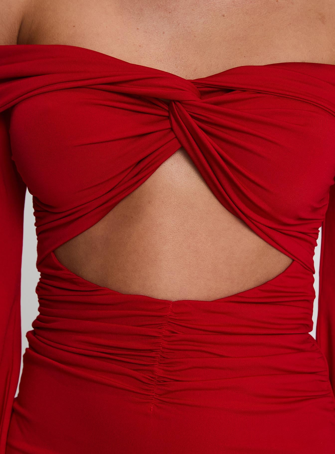 back view of model wearing Princess Polly Vistoria Long Sleeve Mini Dress Red Straight Neck 