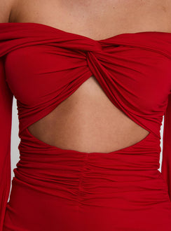 back view of model wearing Princess Polly Vistoria Long Sleeve Mini Dress Red Straight Neck 