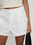 front view of model wearing Princess Polly Colonel Cargo Mini Short White High Waisted Shorts 