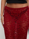 back view of model wearing Princess Polly Lombardio Lace Maxi Skirt Burgundy Maxi 