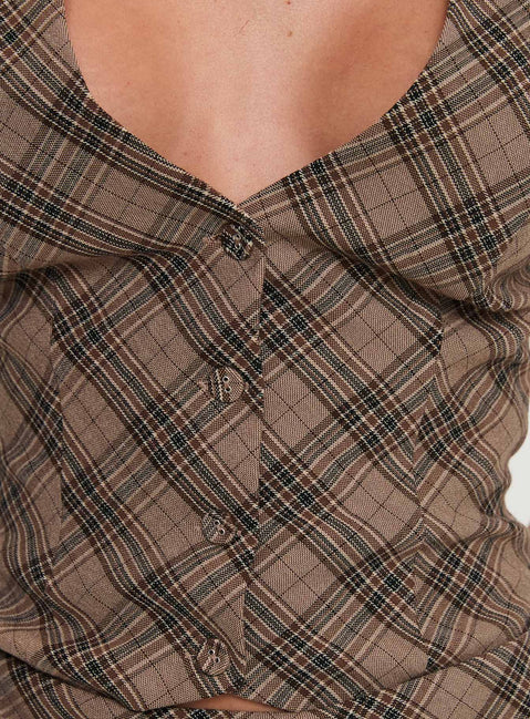 back view of model wearing Princess Polly Terrace Halter Top Brown Check Sleeveless Plunger 