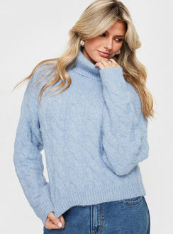 Cathie Turtleneck Cable Knit Sweater Blue Princess Polly  regular 