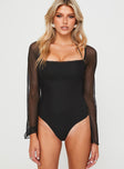 front view of model wearing Princess Polly Liva Sheer Sleeve Bodysuit Black Sleeveless 