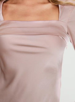 back view of model wearing Princess Polly Phillipa Long Sleeve Mini Dress Pink Square Neck 