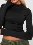 back view of model wearing Princess Polly Crussi Long Sleeve Top Black Full Sleeves High Neck 