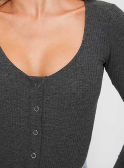 back view of model wearing Princess Polly Barlise Bodysuit Grey Full Sleeves Scoop Neck 