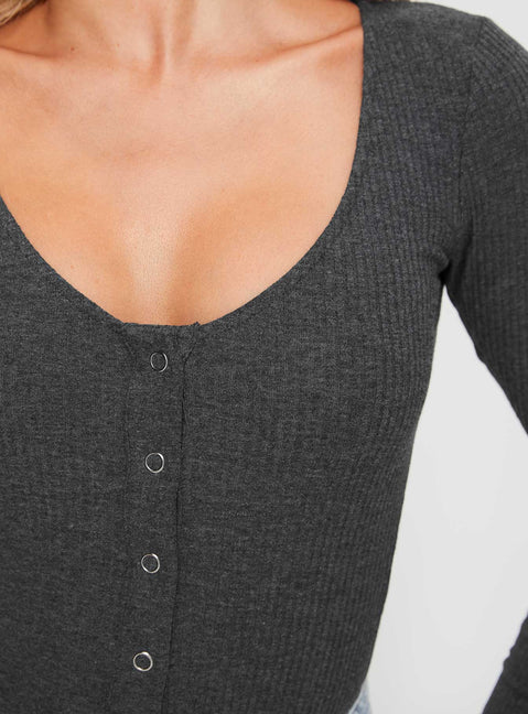 back view of model wearing Princess Polly Barlise Bodysuit Grey Full Sleeves Scoop Neck 