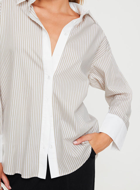 back view of model wearing Princess Polly Only We Know Shirt Beige Full Sleeves V-Neck 