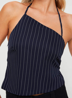 back view of model wearing Princess Polly Ezrala Top Navy Sleeveless Asymmetric Neckline 