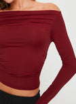 back view of model wearing Princess Polly Matrid Long Sleeve Top Burgundy Full Sleeves Asymmetric Neckline 