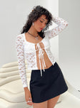 Front view of model wearing  front Princess Polly Full Sleeves Square Neck  Artimus Long Sleeve Lace Top White