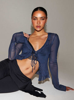 Front view of model wearing  front Princess Polly Full Sleeves High Neck  Everly Long Sleeve Top Navy