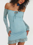 Front view of model wearing  front Princess Polly Square Neck  Boville Off The Shoulder Lace Mini Dress Blue