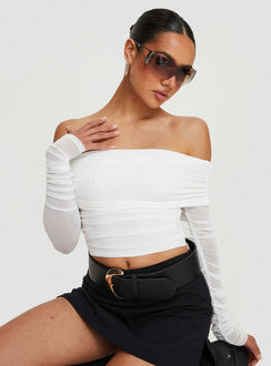 Front view of model wearing  front Princess Polly Full Sleeves Asymmetric Neckline  Fairburn Off The Shoulder Top White