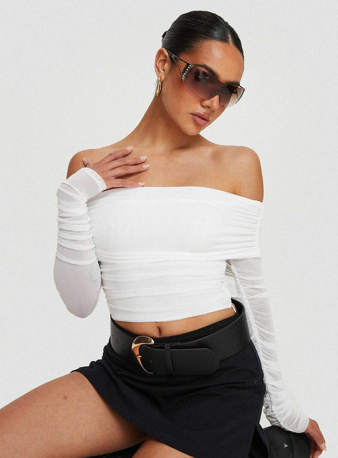 Front view of model wearing  front Princess Polly Full Sleeves Asymmetric Neckline  Fairburn Off The Shoulder Top White