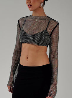 Front view of model wearing  front Princess Polly Full Sleeves Square Neck  Kastro Long Sleeve Mesh Top Black