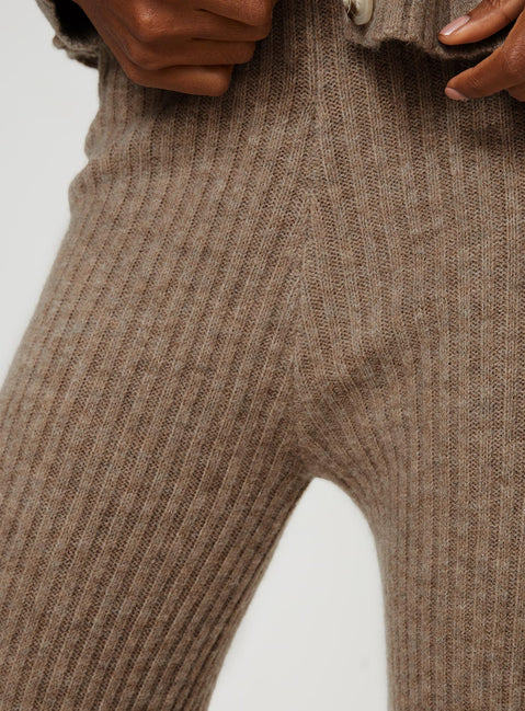 side view of model wearing Princess Polly Yang Wide Leg Knit Pants Brown High Waisted Pants 