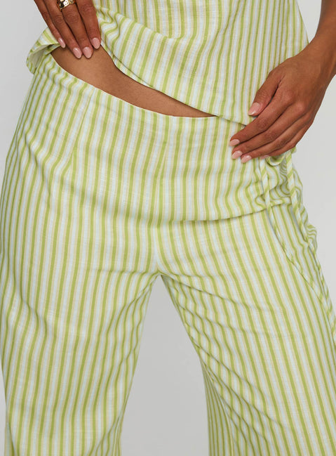 front view of model wearing Princess Polly With Pleasure Tie Side Pant Green / Blue Stripe Mid Rise Pants 