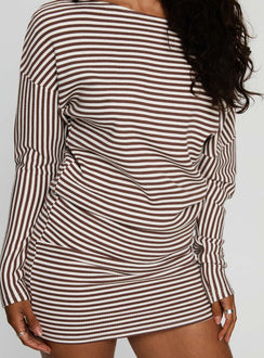 Caia Off Shoulder Long Sleeve Jersey Mini Dress Chocolate Stripe