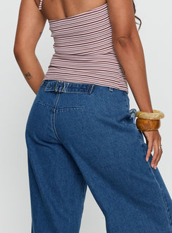 back view of model wearing Princess Polly Polaris Mid Rise Straight Leg Jeans Mid Blue Mid Rise Jeans 