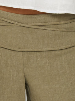 Highlighting Silver Moon Linen Blend Tie Pants in Olive Green womens-regular-pants with high-rise waistband detail Princess Polly