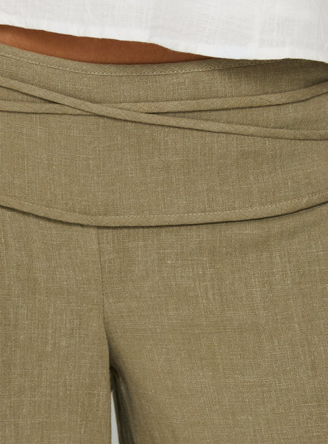 Highlighting Silver Moon Linen Blend Tie Pants in Olive Green womens-regular-pants with high-rise waistband detail Princess Polly