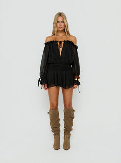 Felicita Off Shoulder Long Sleeve Chiffon Mini Dress Black