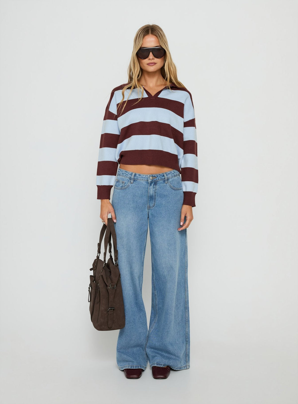 Novara Strick Cropped Rugby Jersey Blau / Burgunderfarbene Streifen