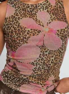 back view of model wearing Princess Polly Love Is Free Top Leopard Floral Sleeveless Crew Neck 