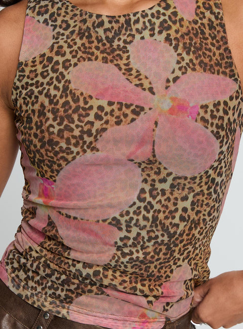 back view of model wearing Princess Polly Love Is Free Top Leopard Floral Sleeveless Crew Neck 