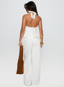 Experience the Silver Moon Linen Blend Tie Pants White Petite womens regular pants with high-rise back view of model wearing
