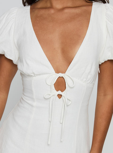 back view of model wearing Princess Polly Beloved Puff Sleeve Linen Blend Mini Dress White Plunger 