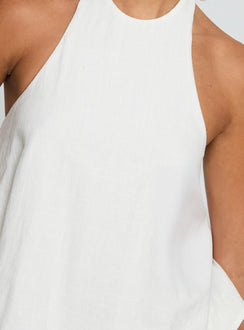 back view of model wearing Princess Polly Aquaria Halter Linen Blend Top White Sleeveless Crew Neck 