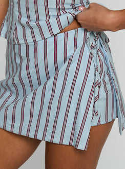 back view of model wearing Princess Polly Gulliver Tie Side Mini Skort Blue / Maroon Stripe High Waisted Shorts 