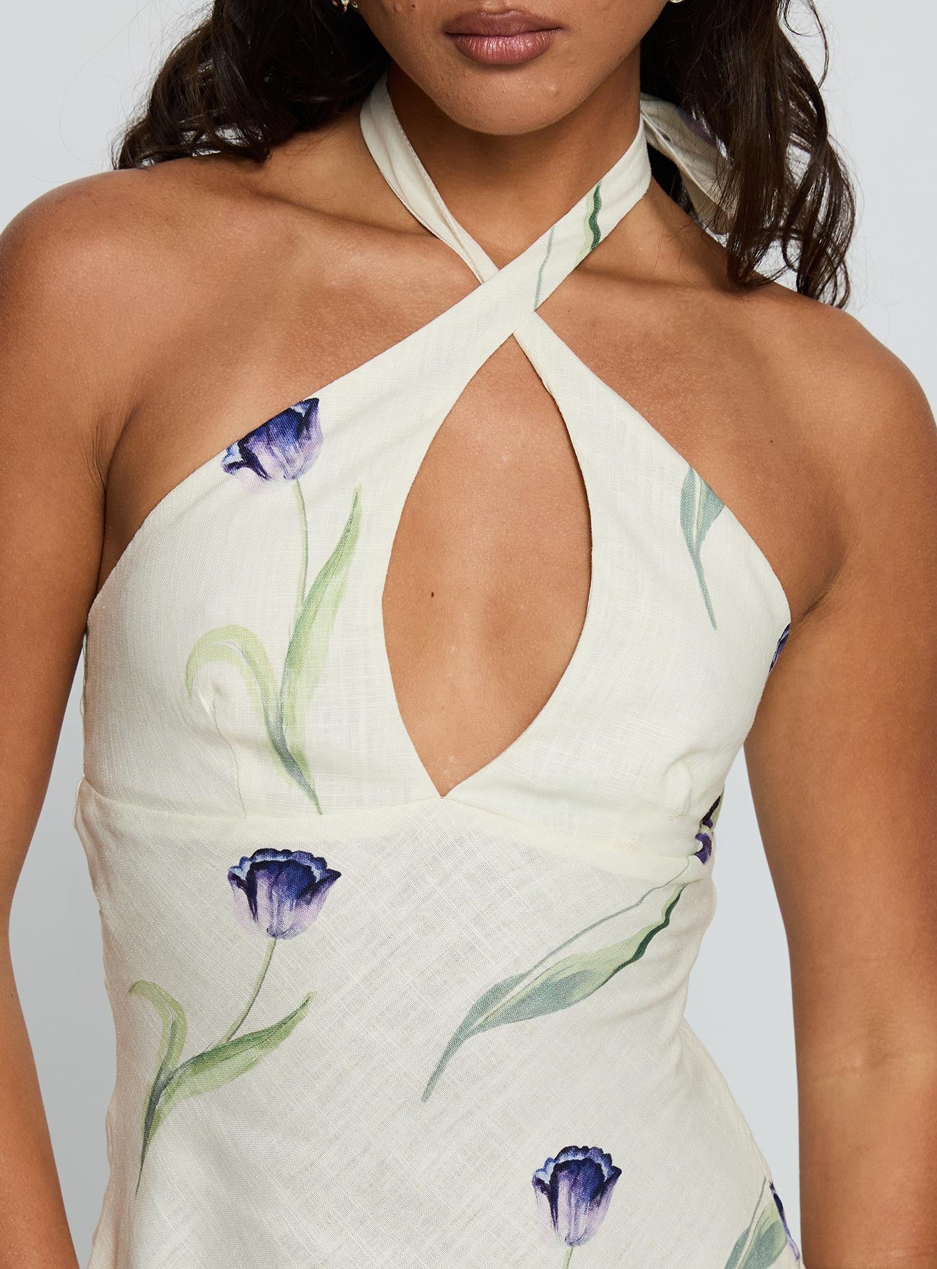back view of model wearing Princess Polly Havenna Halter Linen Blend Mini Dress Cream Floral Plunger 