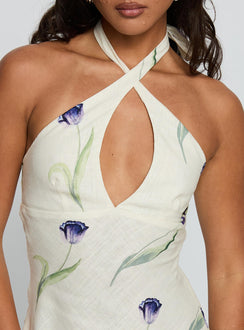 back view of model wearing Princess Polly Havenna Halter Linen Blend Mini Dress Cream Floral Plunger 