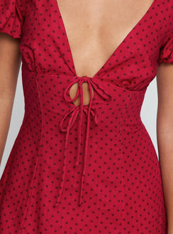 back view of model wearing Princess Polly Beloved Puff Sleeve Linen Blend Mini Dress Red Polka Plunger 