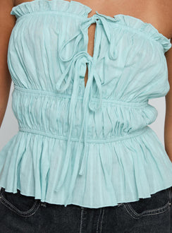 back view of model wearing Princess Polly Sombre Tie Detail Strapless Top Blue Sleeveless straight 
