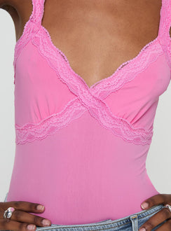 back view of model wearing Princess Polly Girlz Bodysuit Pink Sleeveless V-Neck 