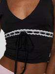 Crop top V-neckline, lace detail, tie fastening under bust Good stretch, fully lined  Princess Polly Lower Impact 