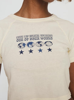side view of model wearing Princess Polly Outta This World Tee Cream Short Sleeves Crew Neck 